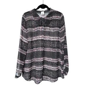 Cabi Sheer Maroon Print Long Sleeve Button Down Blouse w/Peter Pan Collar Size L